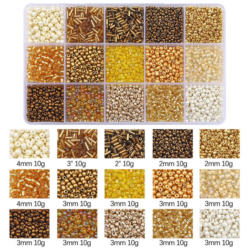 Basigeese Mix 15 Color Glass Seed Beads Tube Beads Glass Bugle Beads Loose Kit for Jewelry Making DIY Craft Beading (Mix 15 Color, Gold) - Image 2