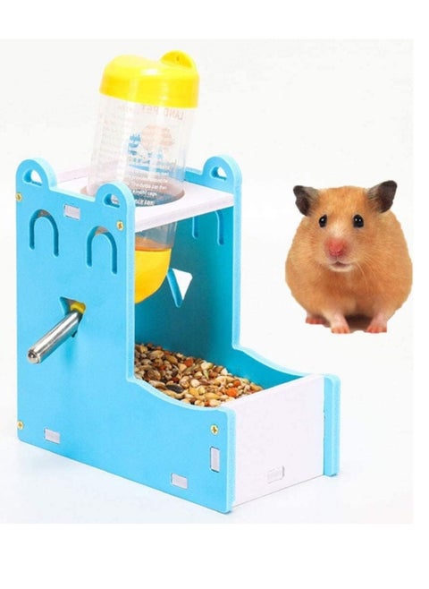 Hamster Feeder With Bottle, Pet Food and Water Feeder for Hamsters, 2 in 1 Feeder and Water Dispenser for Rats Hamsters (Blue)