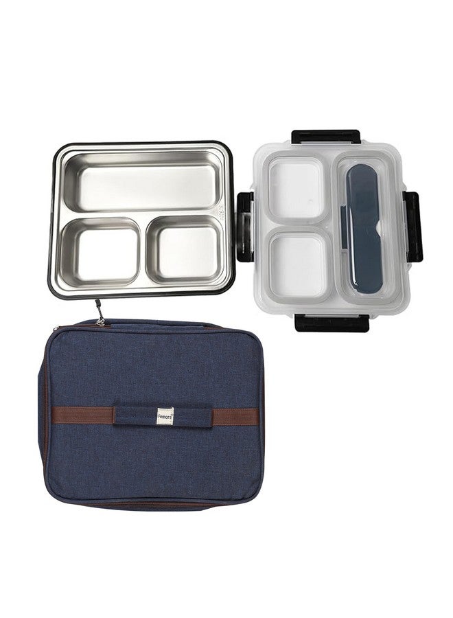 Femora High Steel Container Rectangle Lunch Box for Office-College-School - (3 Pots) - Black-With Bag - Image 1