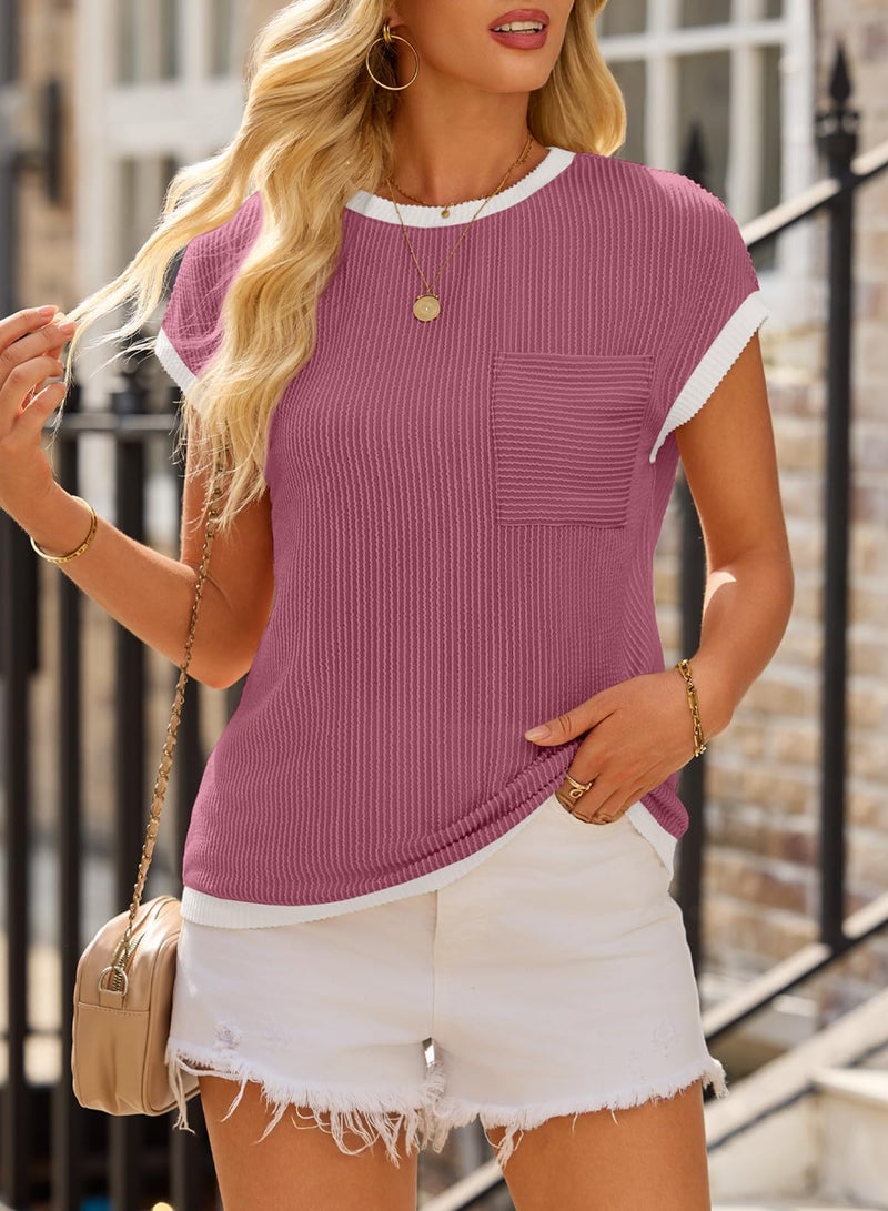 EVALESS Womens Tops Casual Short Sleeve Crewneck Knit T Shirts Spring Trendy Ribbed Basic Tee Blouses with Pockets Ladies Red Going Out Tops Summer Clothes Medium - Image 2