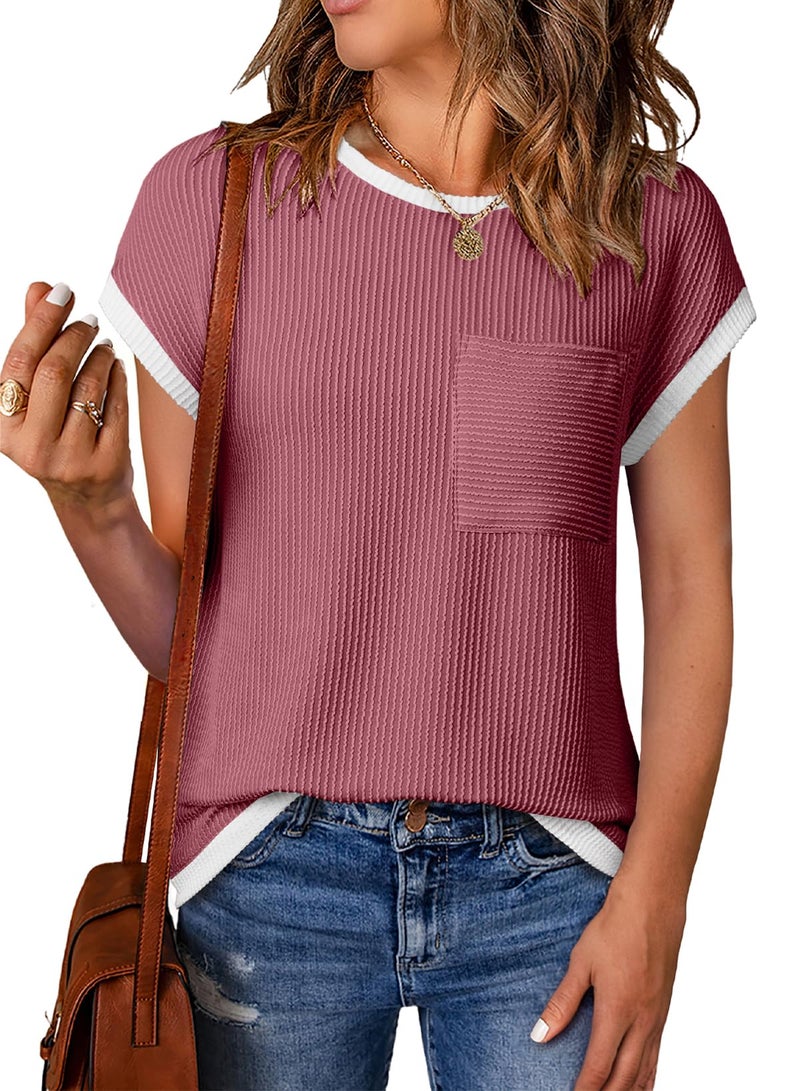 EVALESS Womens Tops Casual Short Sleeve Crewneck Knit T Shirts Spring Trendy Ribbed Basic Tee Blouses with Pockets Ladies Red Going Out Tops Summer Clothes Medium - Image 1