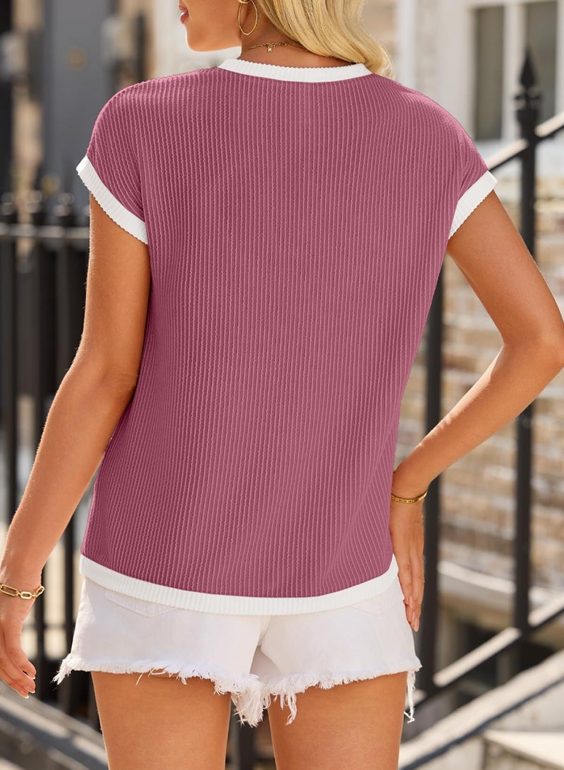 EVALESS Womens Tops Casual Short Sleeve Crewneck Knit T Shirts Spring Trendy Ribbed Basic Tee Blouses with Pockets Ladies Red Going Out Tops Summer Clothes Medium - Image 3