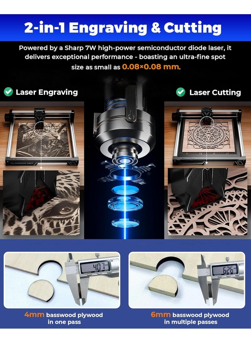 اوتومستاك ماكينة حفر ليزر 7 وات للمبتدئين، قاطع ليزر مخرج 7 ميللي وات، ماكينة حفر CNC للأخشاب، الجلد، المعادن المطلية، الأكريليك، منطقة العمل 300 من الفتحات 300 مم (سويفت 7 وات) - Image 3