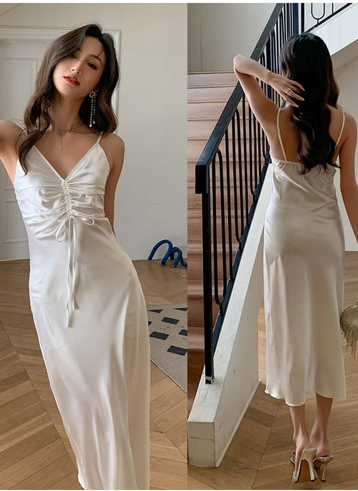 Loquat - Women's Elegant Solid Color Nightgown V-Neck Midi Slip Dress Soft Loungewear Sleepwear Dress With Adjustable Strap White - Image 1