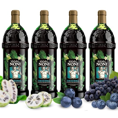Tahitian Noni عصير نوني التاهيتي من موريندا - عصير نوني أصلي وأصيل من فاكهة النوني من تاهيتي مع التوت الأزرق الطبيعي، عنب، ريسفيراترول، مشروب العافية اليومي الطبيعي بالكامل - 4 زجاجات عصير سعة لتر واحد لكل علبة - Image 1