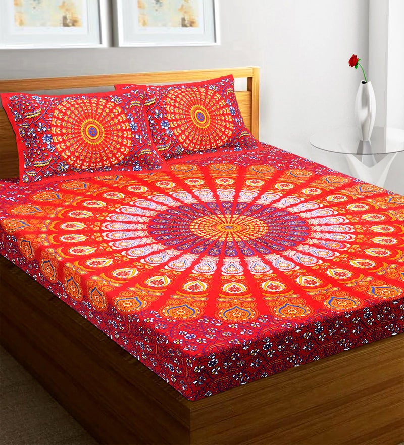 RajasthaniKart® Pure 100% Cotton Double Bed Sheet with 2 Pillow Covers (Bedsheet for Double Bed Cotton, Red, 5292) - Image 2
