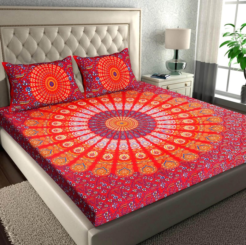 RajasthaniKart® Pure 100% Cotton Double Bed Sheet with 2 Pillow Covers (Bedsheet for Double Bed Cotton, Red, 5292) - Image 3