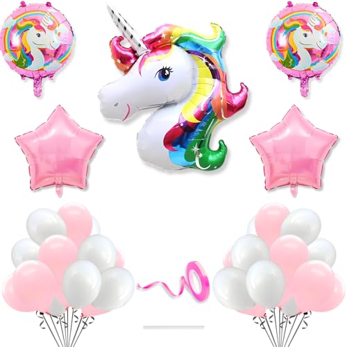 Flyloons Metallic Unicorn Theme Birthday Decoration Kit Pink White for Baby Boys Girls Kids 5 Pcs Unicorn Theme 30 Pcs Pastel Balloons Decoration Set Items 2 Pcs Pink Star - Image 1
