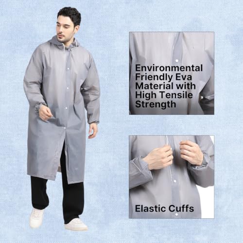Citizen Eco-Friendly EVA Poncho Raincoat for Men & Women, Lightweight Waterproof Coat with Hood, Adjustable Drawstring, Button Closure & Easy Carry Pouch, Reusable & Durable Outdoor Rainwear-Grey - Image 5