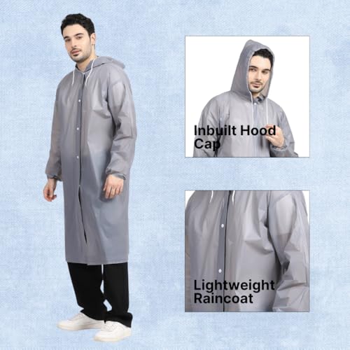Citizen Eco-Friendly EVA Poncho Raincoat for Men & Women, Lightweight Waterproof Coat with Hood, Adjustable Drawstring, Button Closure & Easy Carry Pouch, Reusable & Durable Outdoor Rainwear-Grey - Image 4