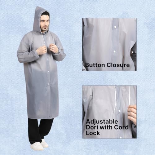 Citizen Eco-Friendly EVA Poncho Raincoat for Men & Women, Lightweight Waterproof Coat with Hood, Adjustable Drawstring, Button Closure & Easy Carry Pouch, Reusable & Durable Outdoor Rainwear-Grey - Image 3