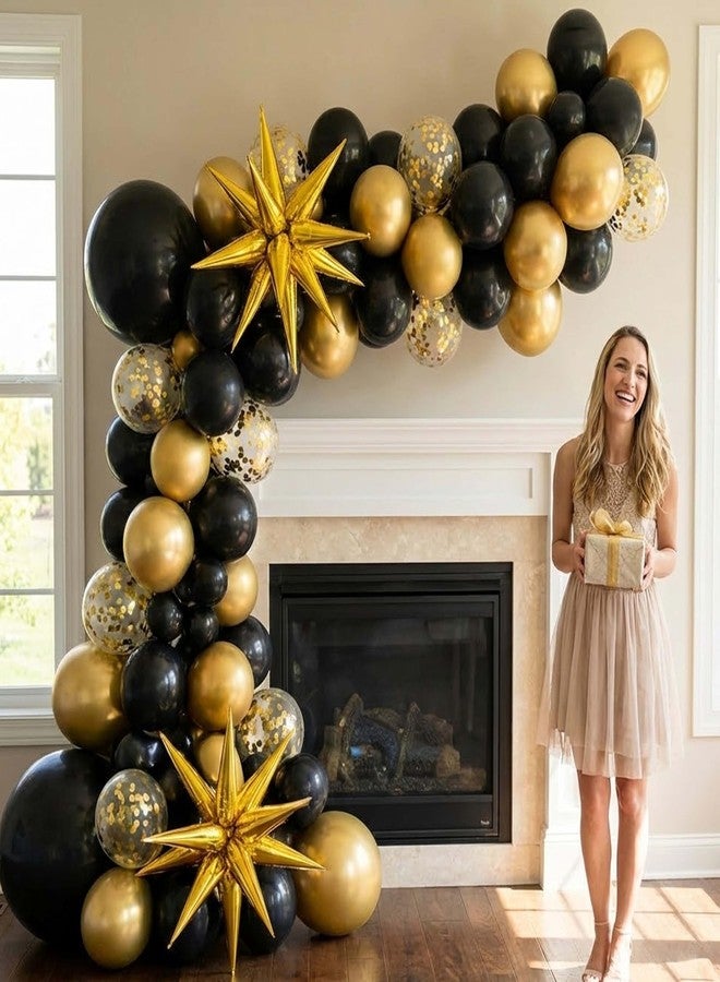 Jenlion Black and Gold Balloon Arch Kit with 2 Starburst Foil Balloons, 154pcs 18/12/10/5in Confetti Garland for 2026 Graduation New Years Eve Birthday Retirement Party Decorations - Image 3