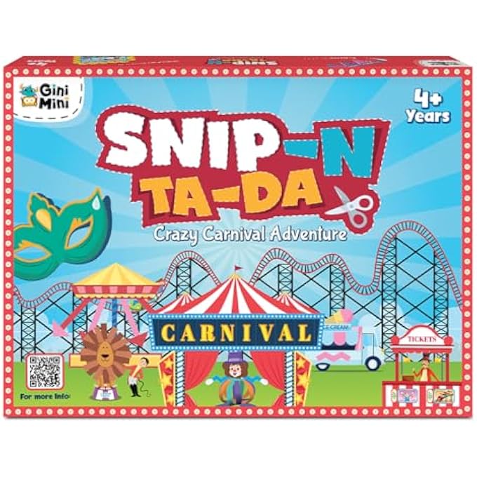 GINIMINI SNIP 'N' TA-DA-CRAZY CARNIVAL  SCISSOR ACTIVITY KIT FOR KIDS 4 5 6 7 | FINE MOTOR DEVELOPMENT, PRE-PRINTED CRAFT SHEETS, CHILD-SAFE SNIP SCISSORS, DIY CARNIVAL CRAFTS | FUN LEARNING GIFT - Image 3