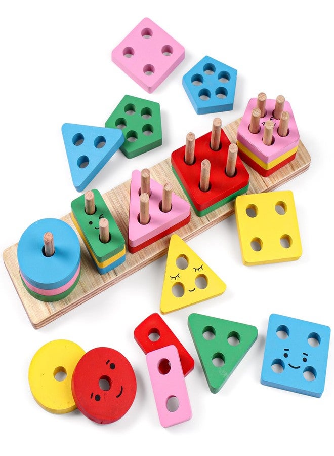 FIRSTCRY INTELLISKILLS Wooden Geometric Stacker & Shape Sorter Toy for Kids, Learning & Educational Shape Sorter with Cute Face Emojis Non-Toxic, 2 Yrs+, 25 pcs Wooden Building Blocks, Ideal Gift - Image 1