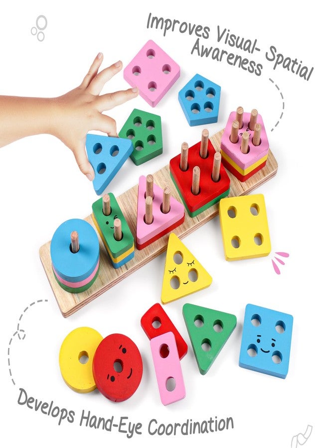 FIRSTCRY INTELLISKILLS Wooden Geometric Stacker & Shape Sorter Toy for Kids, Learning & Educational Shape Sorter with Cute Face Emojis Non-Toxic, 2 Yrs+, 25 pcs Wooden Building Blocks, Ideal Gift - Image 2