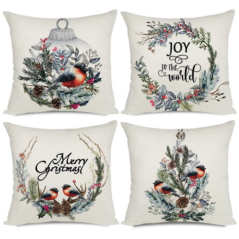 Artmag Christmas Decorations Pillow Covers 16x16 Wreath Bird Joy to the World Merry Christmas Rustic Pillow Cover Shams Cases Slipcovers Decoration Set of 4 for Couch Sofa - Image 2
