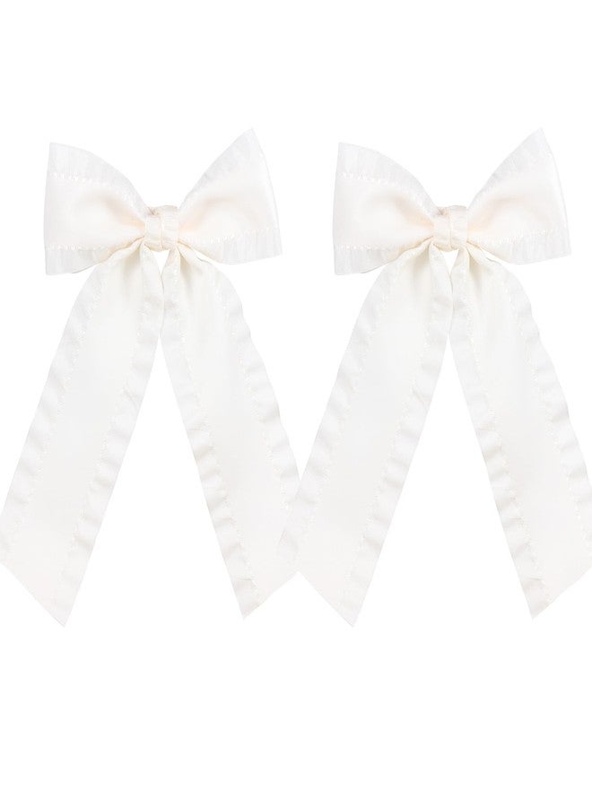 Miroksh 2PCS Hair Bows for Women Girls 4in Off White Tassel Hair Ribbon Bowknot Hair Clips Barrettes Hair Accessories for Teens Toddler Girls Kids with Long Tail - Image 1