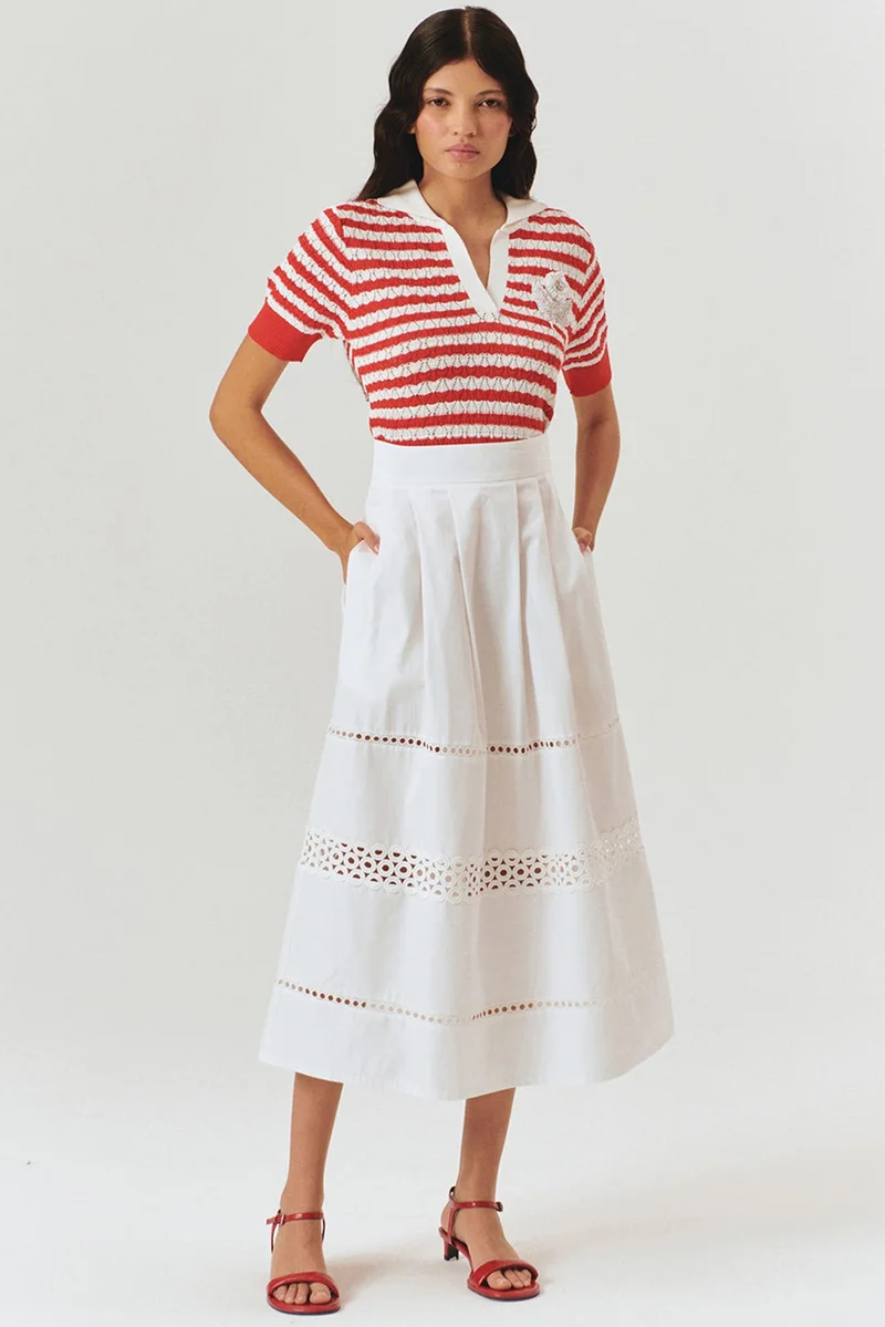 EXQUISE Cotton Midi Skirt with Lace Detail