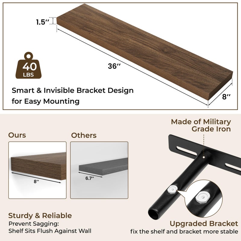 RICHFOCUS 36Inch Floating Shelves for Wall 2 Pack Shelves for Bedroom|Kitchen|Bathroom Wall Mounted Rustic Wood Floating Shelf with Invisible Brackets for Books|Storage|Decor, Walnut - Image 4