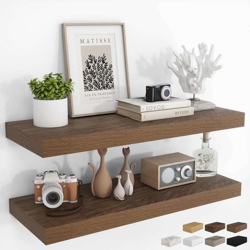 RICHFOCUS 36Inch Floating Shelves for Wall 2 Pack Shelves for Bedroom|Kitchen|Bathroom Wall Mounted Rustic Wood Floating Shelf with Invisible Brackets for Books|Storage|Decor, Walnut - Image 1