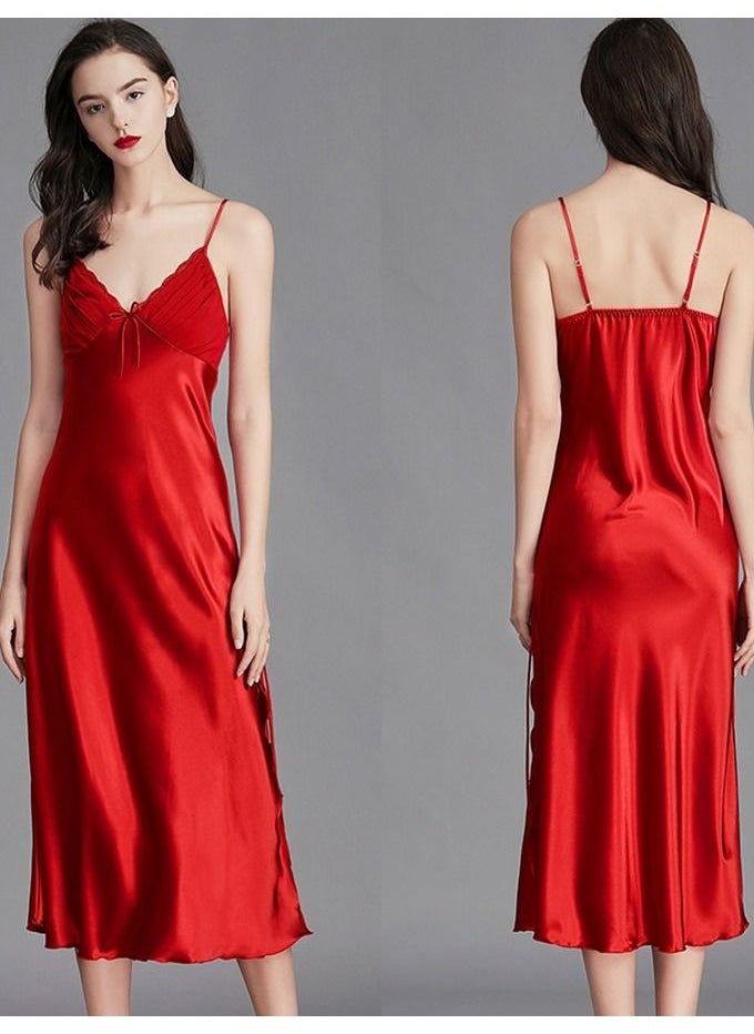 Loquat - Women's Solid Color Nightgown V-Neck Slip Dress Soft Lingerie Midi Sleepwear With Adjustable Strap Red - Image 1