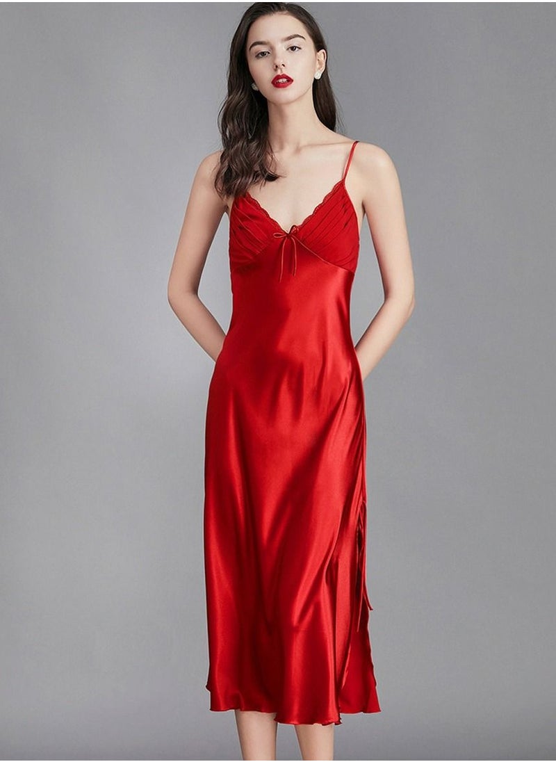 Loquat - Women's Solid Color Nightgown V-Neck Slip Dress Soft Lingerie Midi Sleepwear With Adjustable Strap Red - Image 1