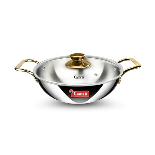 Camro Triply Artisian Kadhai with Glass Lid 6.7 litres| Stainless Steel Kadai for Deep Frying | Kahai for Cooking Induction Base | Cookware Golden Handle Kadai | Gas Stovetop Compatible - Image 1