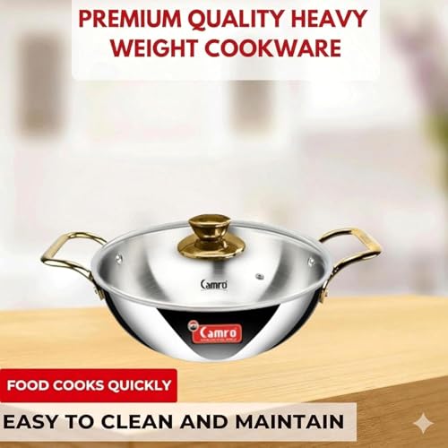 Camro Triply Artisian Kadhai with Glass Lid 6.7 litres| Stainless Steel Kadai for Deep Frying | Kahai for Cooking Induction Base | Cookware Golden Handle Kadai | Gas Stovetop Compatible - Image 3