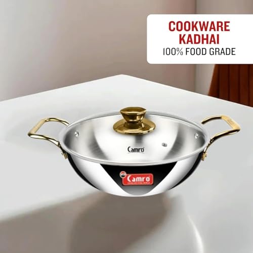 Camro Triply Artisian Kadhai with Glass Lid 6.7 litres| Stainless Steel Kadai for Deep Frying | Kahai for Cooking Induction Base | Cookware Golden Handle Kadai | Gas Stovetop Compatible - Image 2