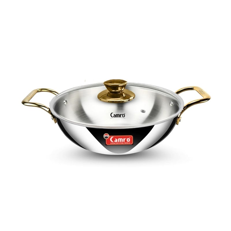 Camro Triply Artisian Kadhai with Glass Lid 6.7 litres| Stainless Steel Kadai for Deep Frying | Kahai for Cooking Induction Base | Cookware Golden Handle Kadai | Gas Stovetop Compatible - Image 5