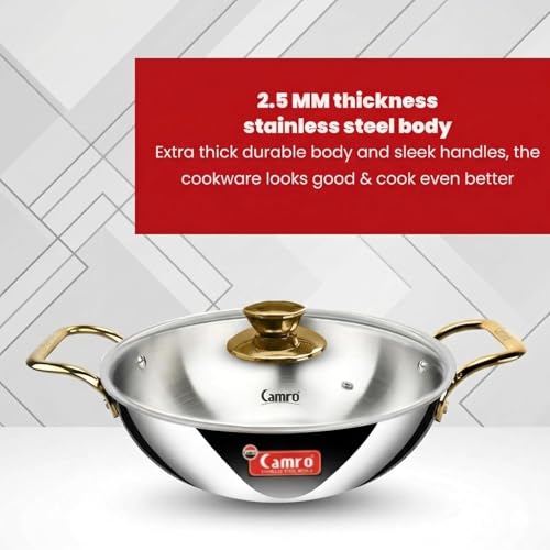 Camro Triply Artisian Kadhai with Glass Lid 6.7 litres| Stainless Steel Kadai for Deep Frying | Kahai for Cooking Induction Base | Cookware Golden Handle Kadai | Gas Stovetop Compatible - Image 4