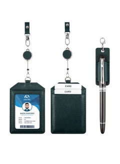 boshiho Office Badge Holder Boshiho Genuine Leather Credit Id Card Holder With Stretch Neck Lanyard Vertical Style (Green)  - Image 1