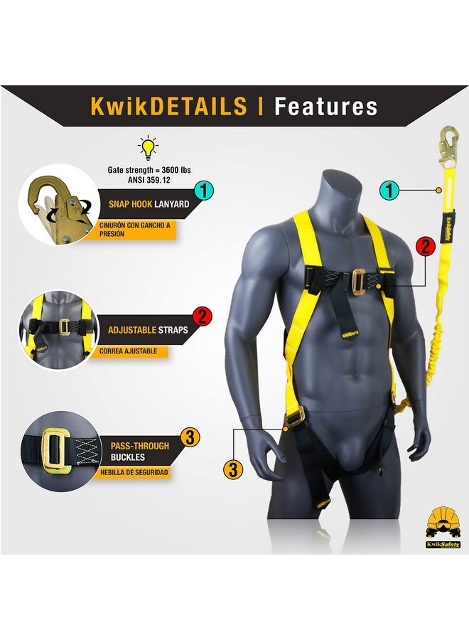 KwikSafety KwikSafety SCORPION Safety Harness | Full Body Fall Protection Harness w/Attached 6ft Tubular Lanyard | Construction Fall Arrest System | ANSI OSHA Certified PPE  - Image 2