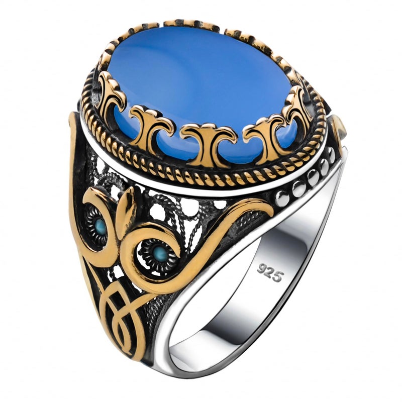Alpha Rock Natural Blue Agate Stone, Genuine Solid 925 Sterling Silver Accented with Bronze, Authentic Vintage Turkish Ottoman Style Ring for Men (Natural Blue Agate, 9) - Image 5