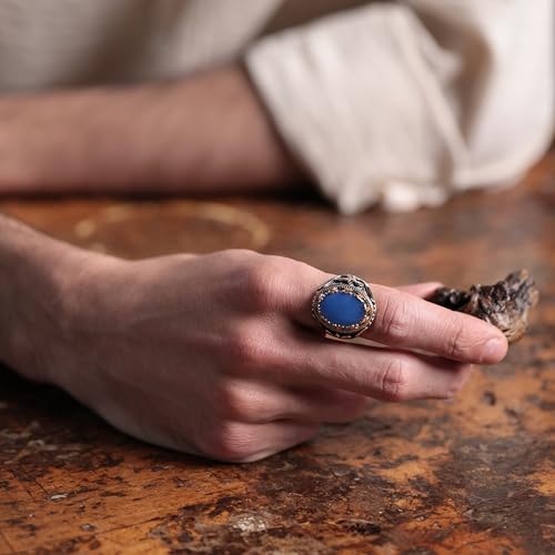 Alpha Rock Natural Blue Agate Stone, Genuine Solid 925 Sterling Silver Accented with Bronze, Authentic Vintage Turkish Ottoman Style Ring for Men (Natural Blue Agate, 9) - Image 2