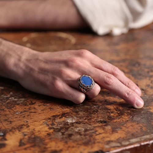 Alpha Rock Natural Blue Agate Stone, Genuine Solid 925 Sterling Silver Accented with Bronze, Authentic Vintage Turkish Ottoman Style Ring for Men (Natural Blue Agate, 9) - Image 3