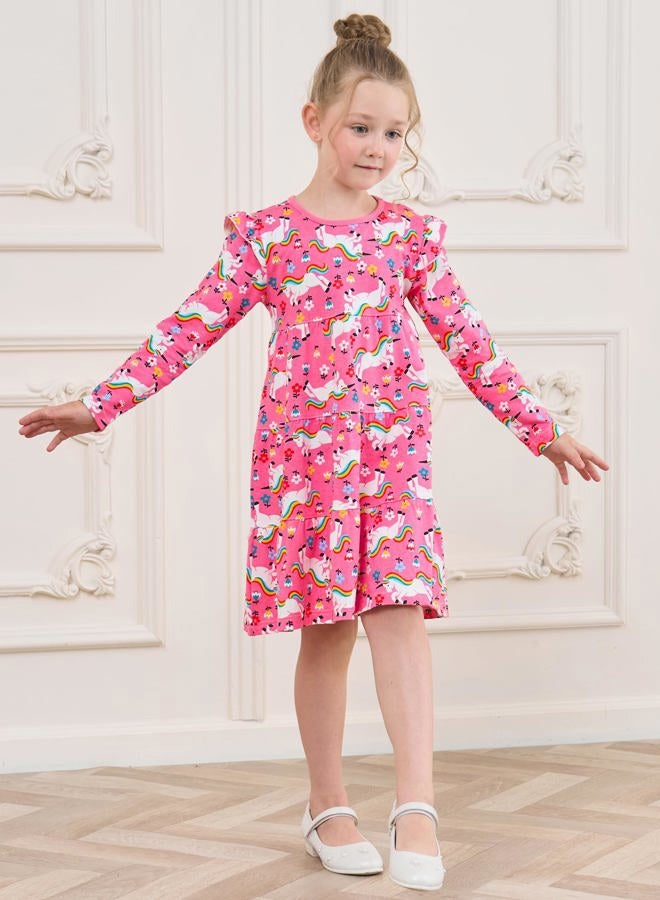 Bumeex Kids Girl Dress Fall Spring Ruffle Long Sleeve Cute School Cotton Casual A-Line Dresses Outfits Clothing Clothes Vestido para Niña Pink Unicorn 8-9 Years - Image 2
