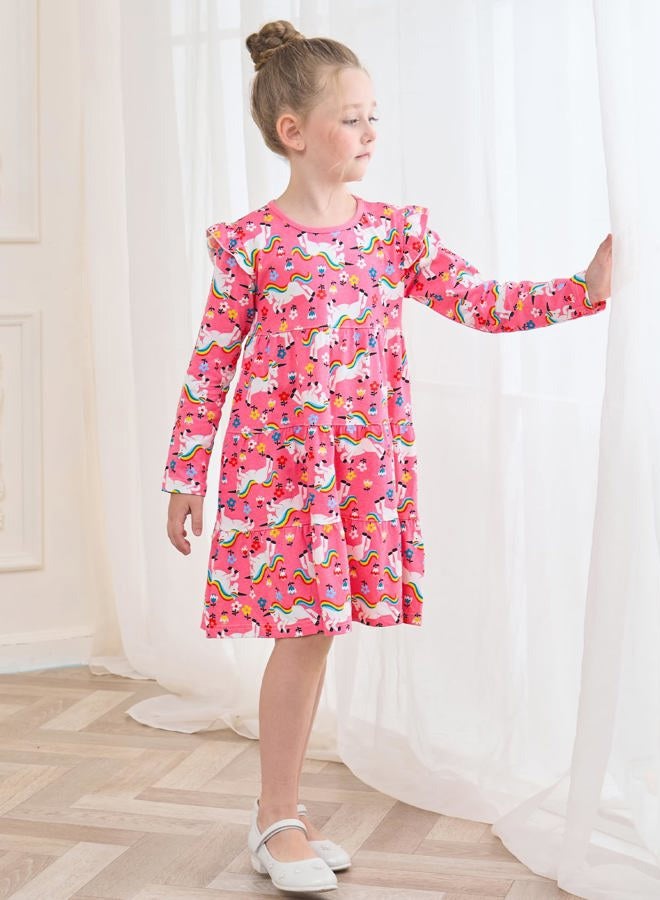 Bumeex Kids Girl Dress Fall Spring Ruffle Long Sleeve Cute School Cotton Casual A-Line Dresses Outfits Clothing Clothes Vestido para Niña Pink Unicorn 8-9 Years - Image 4