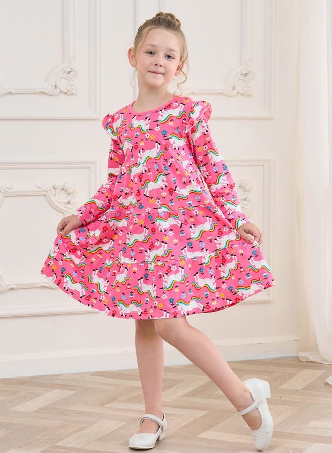 Bumeex Kids Girl Dress Fall Spring Ruffle Long Sleeve Cute School Cotton Casual A-Line Dresses Outfits Clothing Clothes Vestido para Niña Pink Unicorn 8-9 Years - Image 3