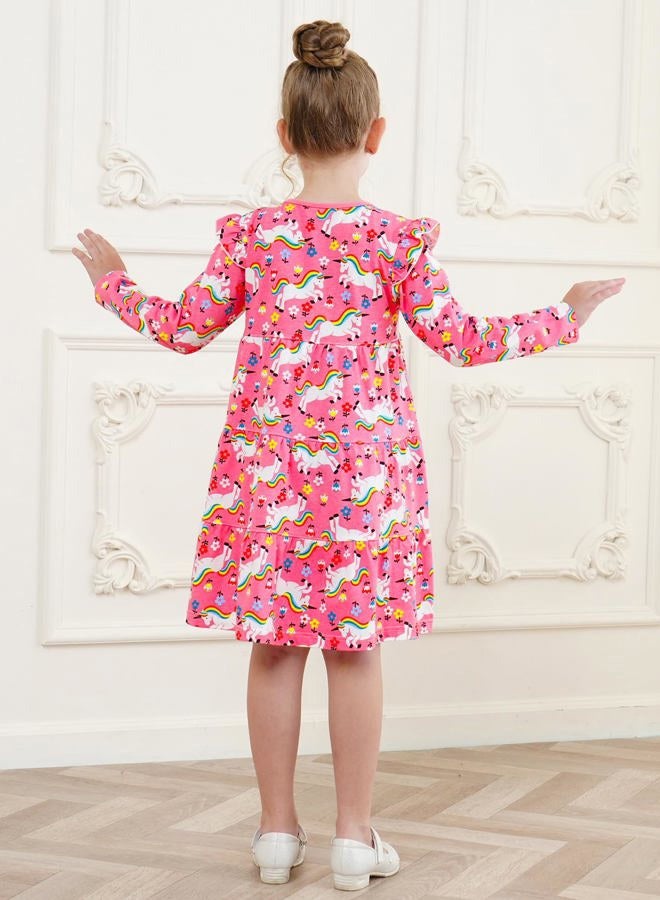 Bumeex Kids Girl Dress Fall Spring Ruffle Long Sleeve Cute School Cotton Casual A-Line Dresses Outfits Clothing Clothes Vestido para Niña Pink Unicorn 8-9 Years - Image 5