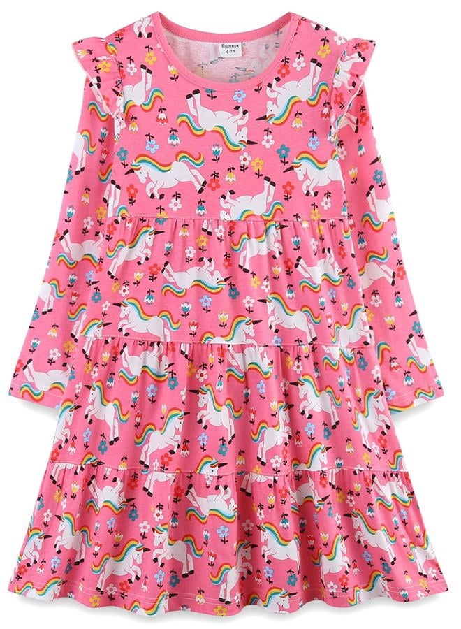 Bumeex Kids Girl Dress Fall Spring Ruffle Long Sleeve Cute School Cotton Casual A-Line Dresses Outfits Clothing Clothes Vestido para Niña Pink Unicorn 8-9 Years - Image 1