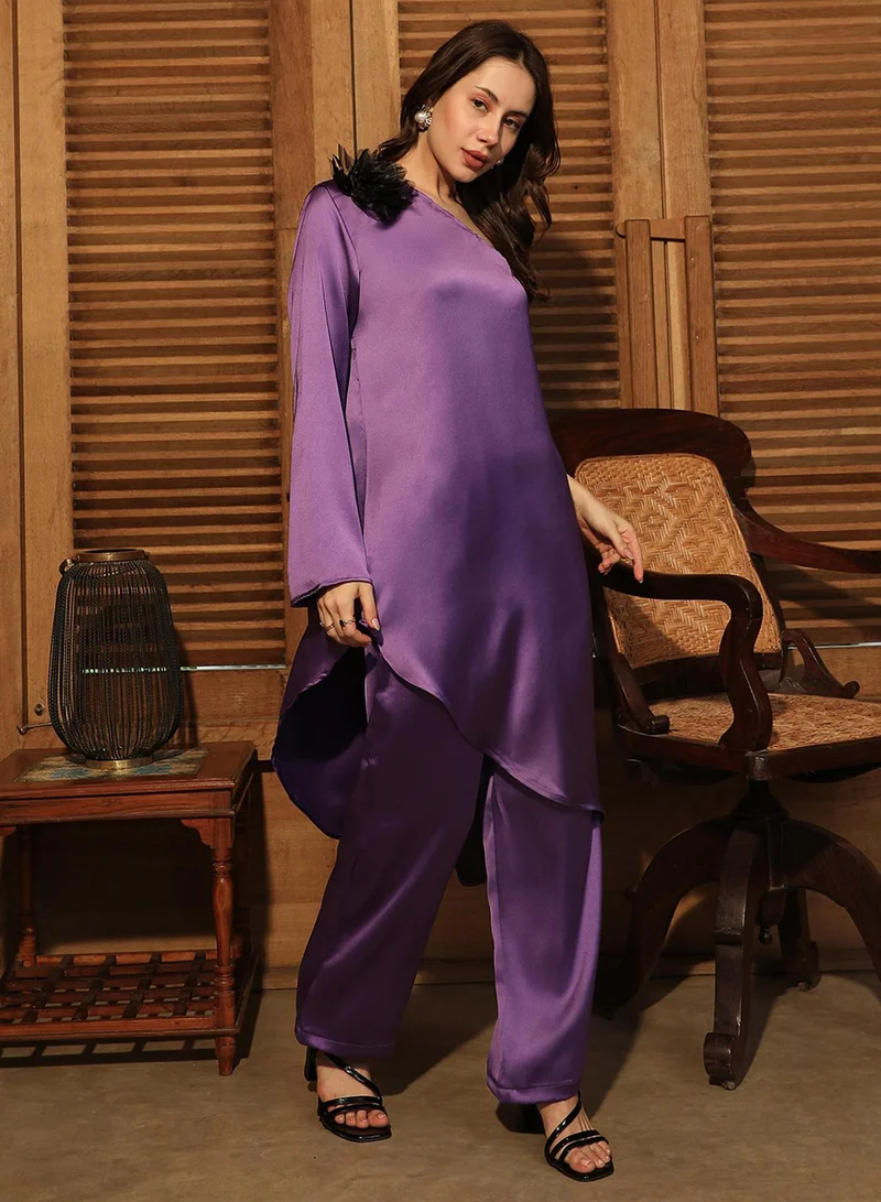 QISSA Women's Amethyst Purple Asymmetrical Flora Co-Ord Set