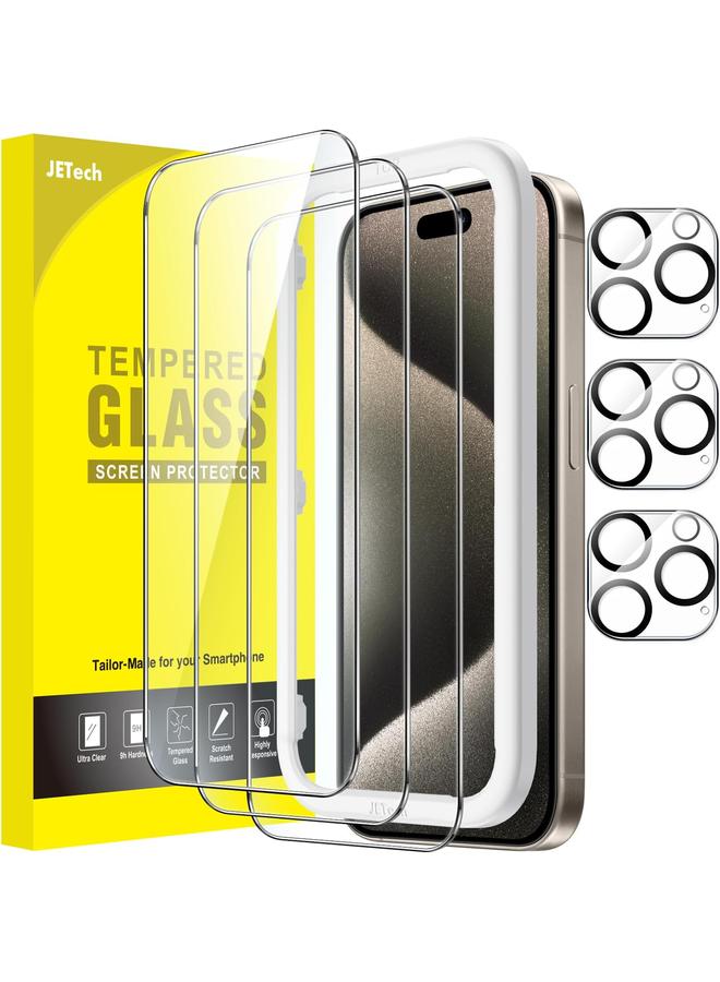 جي تيك واقي شاشة لهاتف آيفون 15 برو ماكس مقاس 6.7 بوصة مع واقي عدسة الكاميرا بدون فقاعات وأداة تثبيت سهلة وفيلم زجاجي مقوى شفاف عالي الدقة عبوة من 3 قطع لكل منها - Image 1