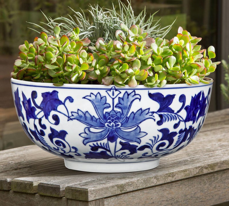 Hollyone Blue and White Vase Porcelain Planters 9 Inch Garden Bowl Modern Ceramic Pots Classic Chinese Floral Vase for Indoor Outdoor Succulents Bonsai Fairy Gardens Herbs - Image 4