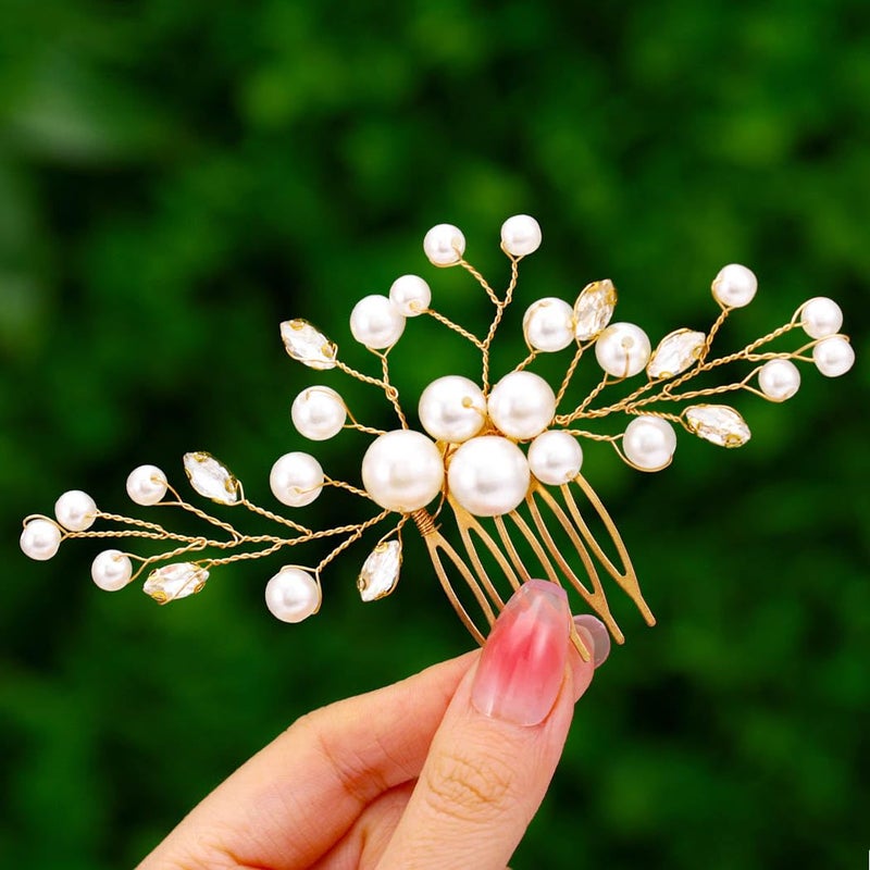 Foyte Wedding Pearl Hair Comb Bridal Rhinestone Hair Clip Gold Crystal Hair Piece Bridesmaid Hair Accessories for Women and Brides