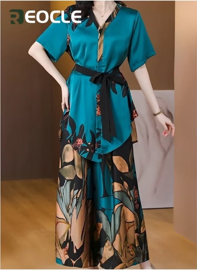 REOCLE Women's 2 Piece Outfit Silk Wide Leg Pants V Neck Half Sleeve Shirt Loose Wide Leg Pants with Floral Print Set Summer Fashion Suit - Image 2