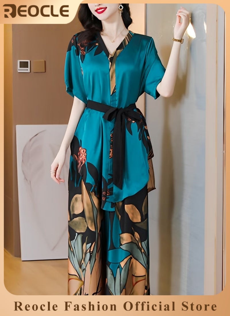REOCLE Women's 2 Piece Outfit Silk Wide Leg Pants V Neck Half Sleeve Shirt Loose Wide Leg Pants with Floral Print Set Summer Fashion Suit - Image 1