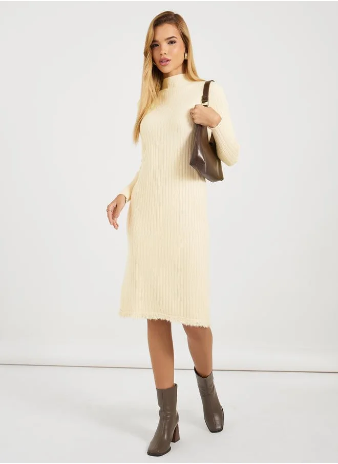 Styli Frayed Edge Knitted Sweater Knee Length Dress