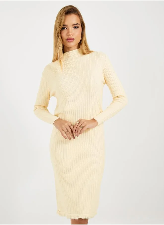 Styli Frayed Edge Knitted Sweater Knee Length Dress