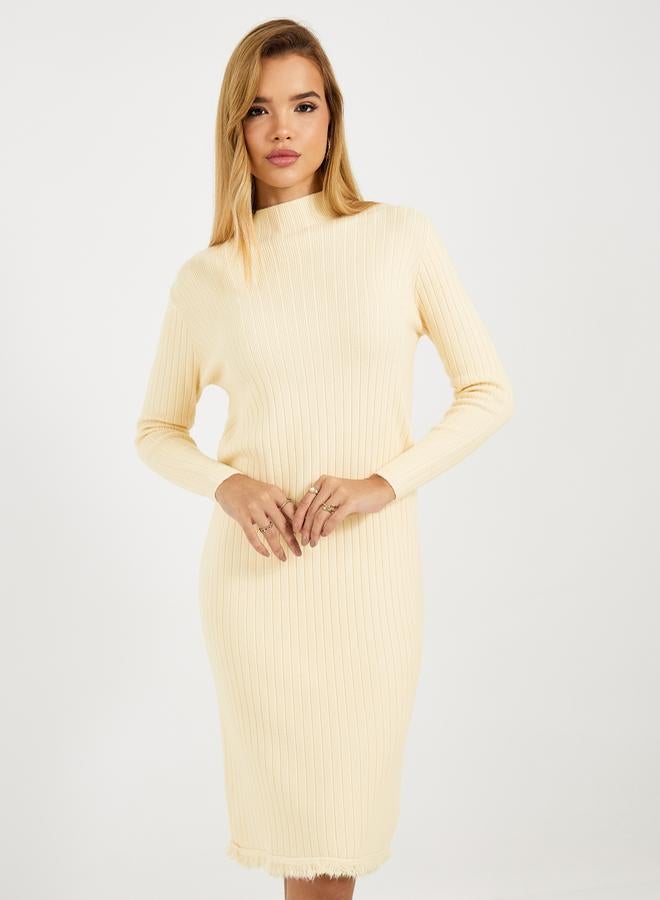 ستايلي فستان سادة بطول الركبة وتفاصيل مضلعة - Image 2